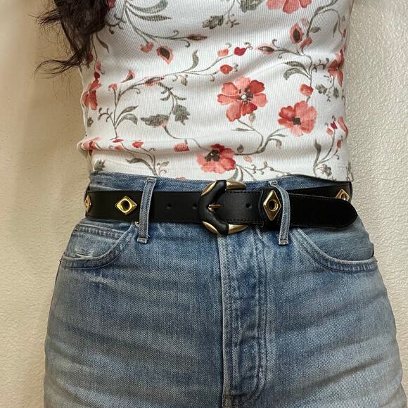 Accessories - Belt black leather gold diamond studded Vera pelle 36.5” long